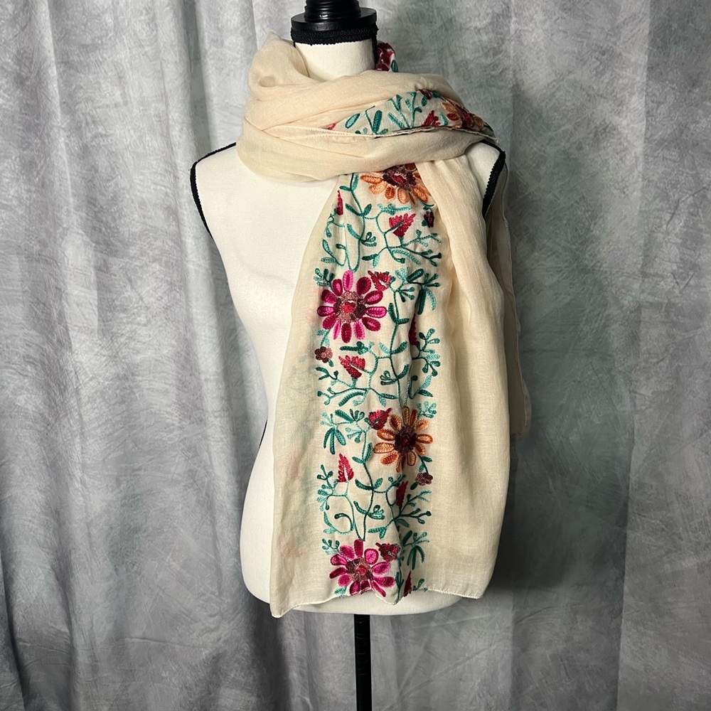 Floral Embroidered Cream Scarf Shawl or Wrap